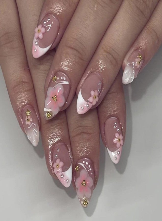 Foccna French Press on Nails Pink Short, 3D Flower Fake Nails Almond Acrylic False Nails White,Artificial Nails for Women and Girls 24pcs - Image 1